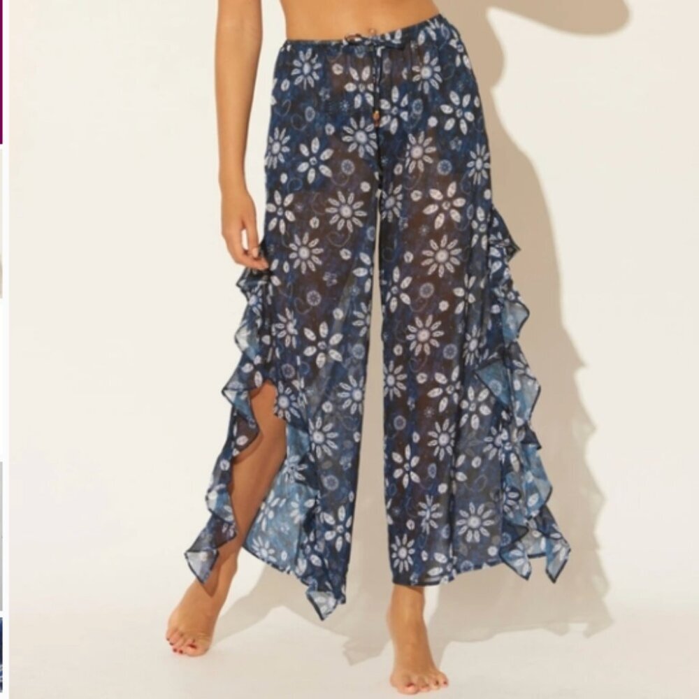 Bleu Rod Beattie Split Leg Swimsuit Coverup Pants Sheer Beach Floral Ruffle Med